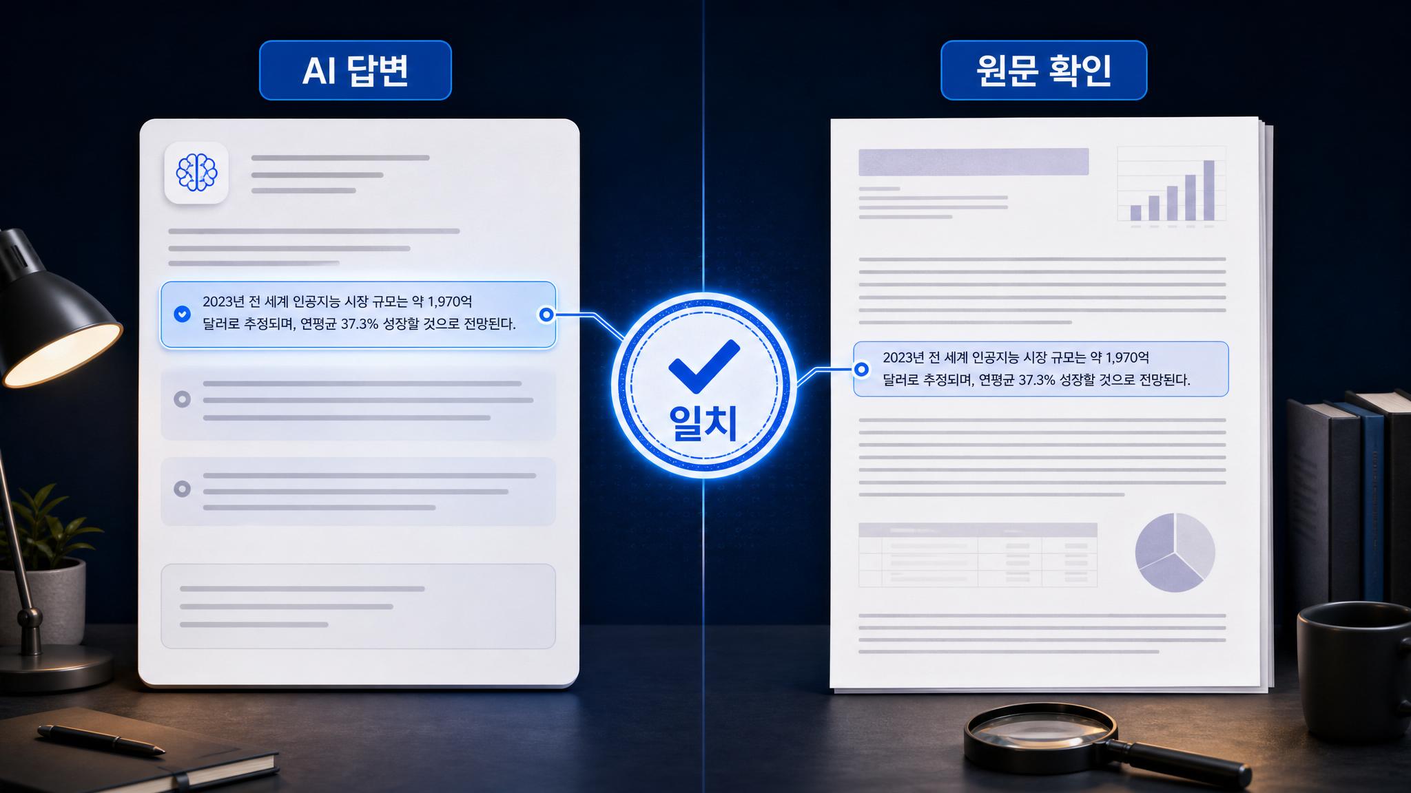 AI 답변과 원문 확인 결과를 나란히 비교하는 검증 화면