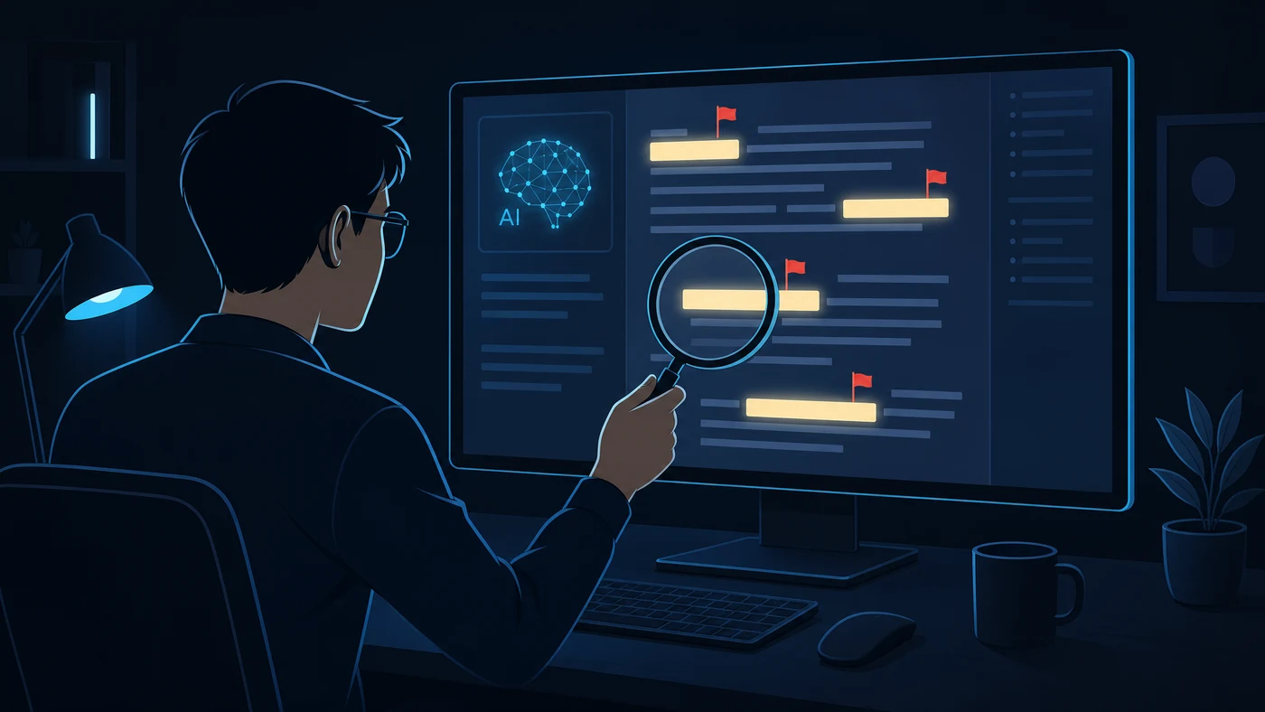 AI 답변 문서 속 위험 표현을 돋보기로 확인하는 이미지