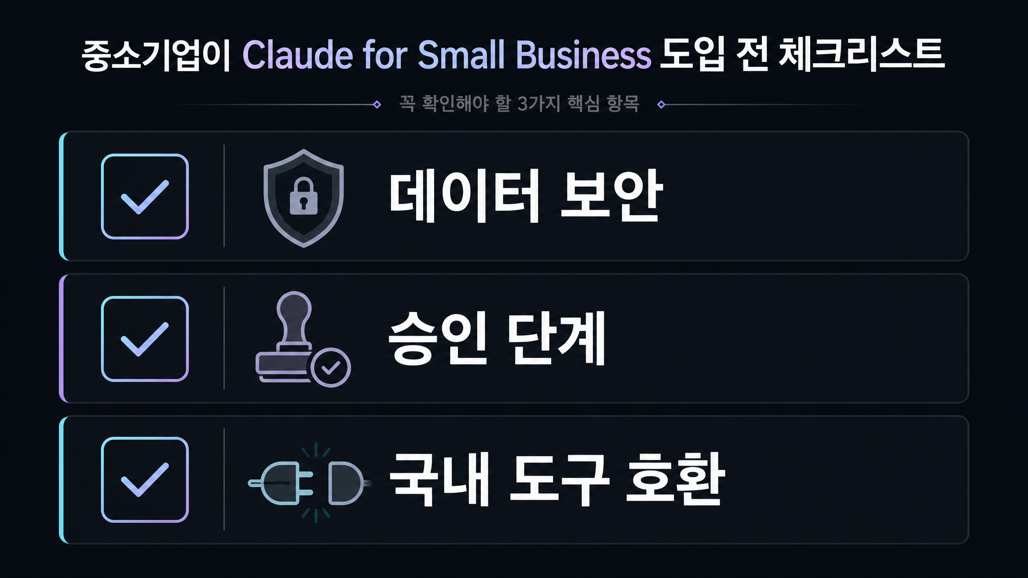 한국 중소팀이 Claude for Small Business 도입 전 데이터 보안, 승인 단계, 국내 도구 호환성을 확인하는 체크리스트 이미지