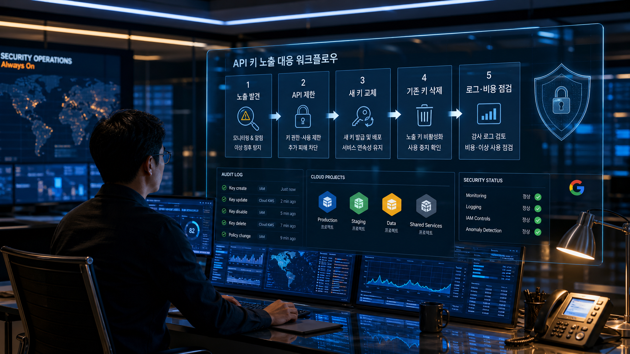 API 키 유출 의심 시 노출 발견, API 제한, 새 키 교체, 기존 키 삭제, 로그와 비용 점검으로 이어지는 대응 흐름도