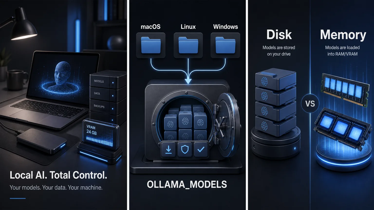 macOS, Linux, Windows의 Ollama 모델 저장 위치와 OLLAMA_MODELS 경로를 함께 보여주는 다이어그램
