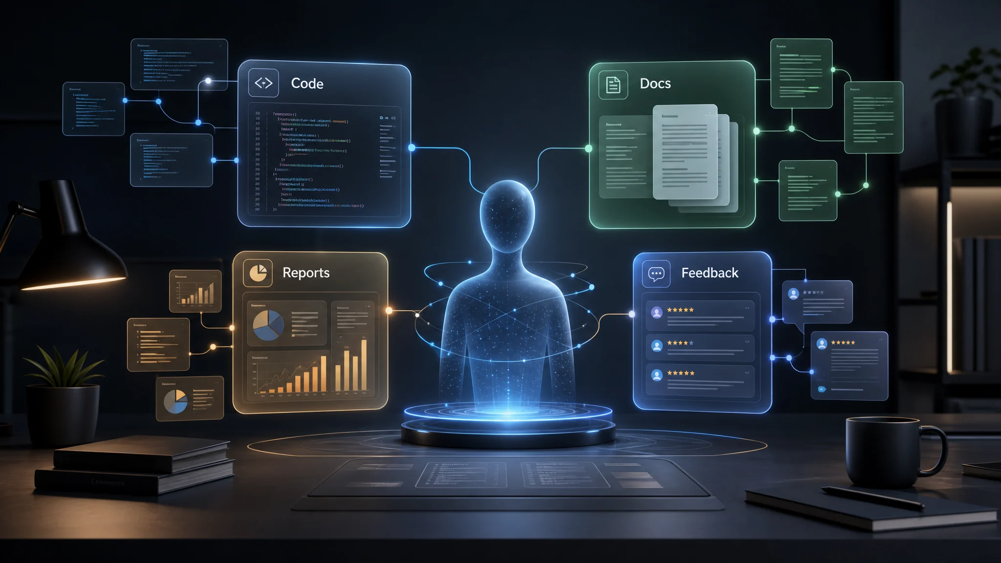 Code, Docs, Reports, Feedback 모듈을 정리하는 AI 업무 에이전트 일러스트