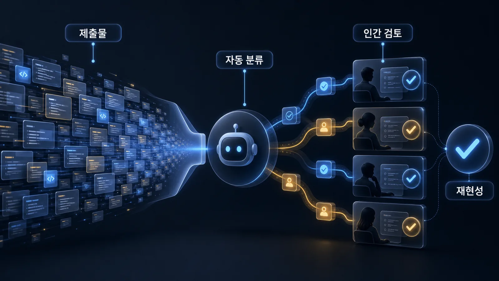 많은 제출물이 자동 분류 필터를 거쳐 인간 검토자에게 전달되는 연구 대회 리뷰 파이프라인