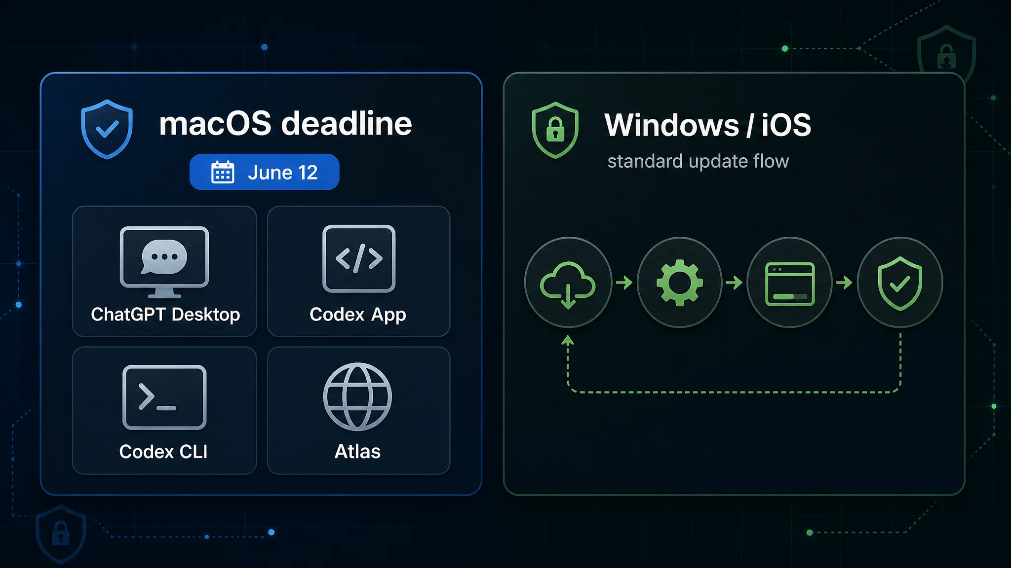 macOS 앱은 6월 12일 인증서 마감 대상이고 Windows와 iOS는 일반 업데이트 흐름으로 구분한 범위 지도