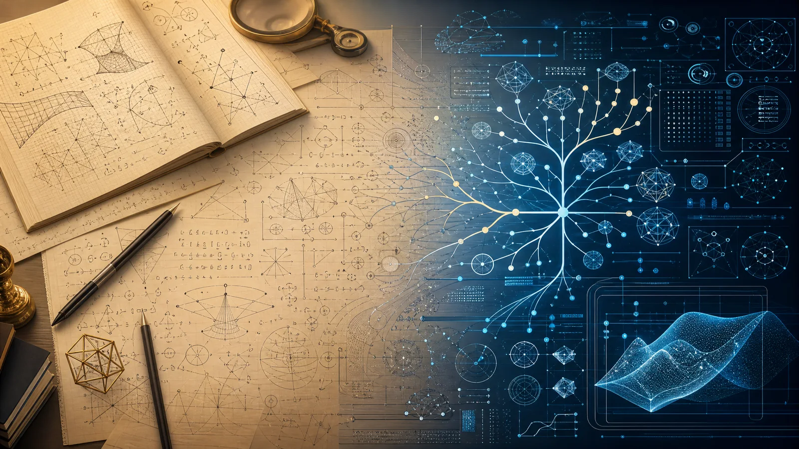수학자의 연구 노트와 AI 추론 트리가 나란히 놓인 연구 협업 일러스트