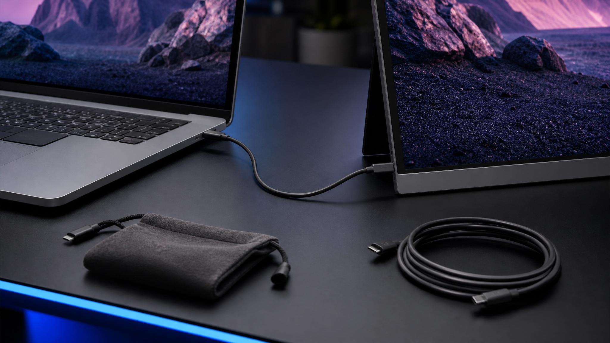 USB-C 케이블 하나로 노트북과 휴대용 모니터를 연결한 모습