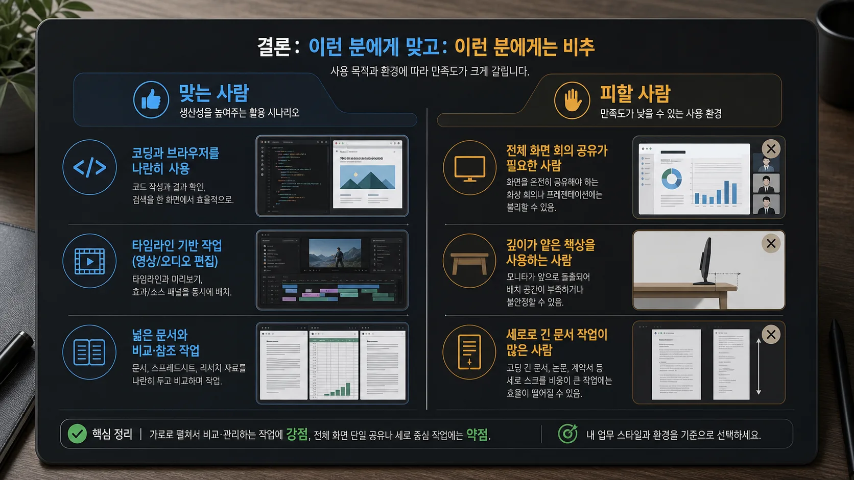 업무용 울트라와이드 모니터가 맞는 사람과 피해야 할 사람을 비교한 체크 인포그래픽